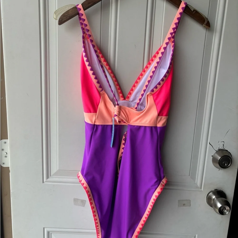 Women's Pink & Purple V-Neck One-Piece Swimsuit